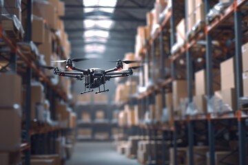 Drone Flying Over Industrial Warehouse Filled with Boxes, Symbolizing Technology Integration in Retail Delivery and Self-Sufficient Lifestyles