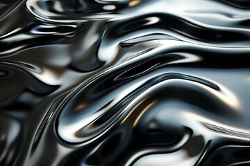 Liquid Mercury Dreams: Abstract 3D render of rippling, reflective chrome waves in a dark, moody atmosphere.