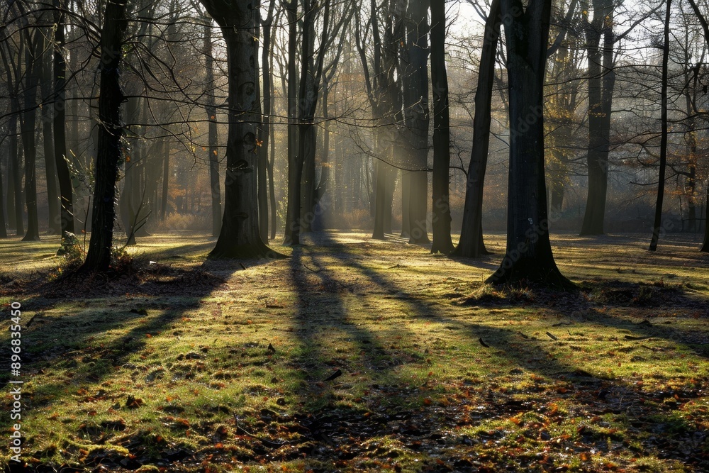 Poster sun rays shine through dense tree canopy in forest, creating patterns of light and shadows, enigmati