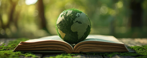 Book with green globe in forest, symbolizing