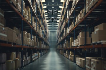 Drone Flying Over Industrial Warehouse Filled with Boxes, Symbolizing Technology Integration in Retail Delivery and Self-Sufficient Lifestyles