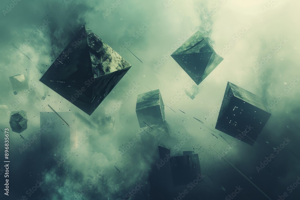 Poster several cubes hover in mid-air against a blank background, enigmatic symbols floating in a void