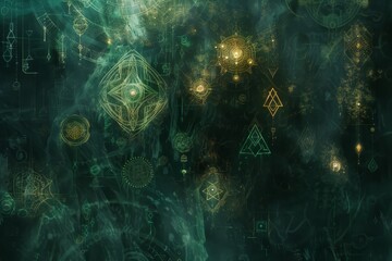 A green backdrop filled with mysterious symbols of different shapes and sizes, Enigmatic symbols floating in a void