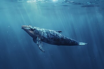 Fototapeta premium Enormous humpback whale gracefully swimming in the deep blue ocean, Enormous mammal floating peacefully in the deep blue sea
