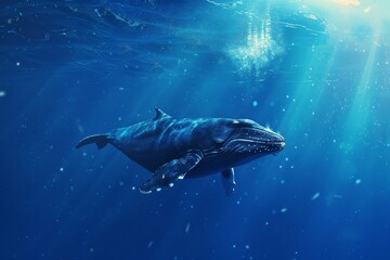 Fototapeta premium A humpback whale gracefully swims in the deep blue ocean waters, Enormous mammal floating peacefully in the deep blue sea