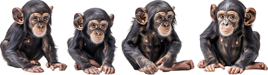 Four Young Chimpanzees Sitting on a White Background