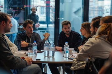 A group of entrepreneurs engaged in a lively debate around a round table, Entrepreneurs having a lively debate about the future of their industry