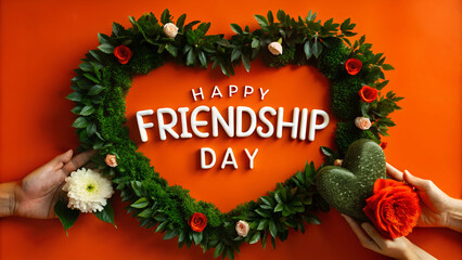 Bright orange backdrop with "Happy Friendship Day" text, Hands holding floral heart wreath