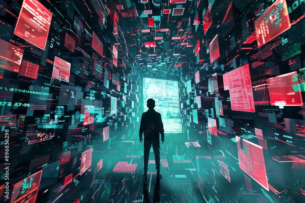 Poster a man is standing in front of a computer screen, focused on the digital display, error messages floa