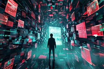 A man is standing in front of a computer screen, focused on the digital display, Error messages floating in a digital void