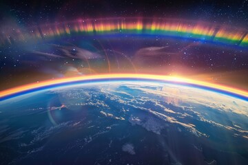 Obraz premium Beautiful rainbow over planet Earth. Halo colourful effect, aerial view from cosmos. 