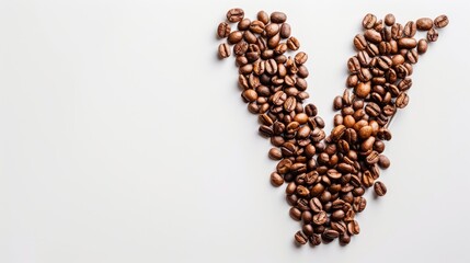 Top view of letter V with coffee beans on white background with space for messages