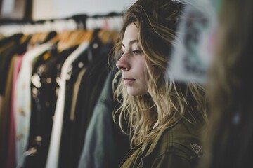 Fototapeta premium A young woman with long blonde hair stands in a clothing store, looking at clothes hanging on a rack. She is wearing a brown jacket and has a thoughtful expression on her face