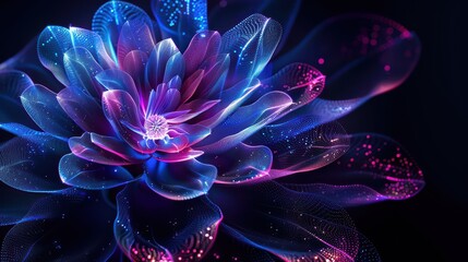 A highly detailed and gorgeous neon flower design in fluorescent colors made with luminiferous dots in fluorescent colours ranging from vibrant neon blue to vibrant neon purple