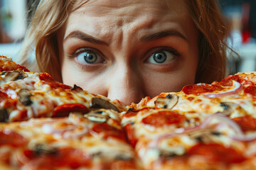 Woman crushed by giant pizza. Fast food concept, overweight