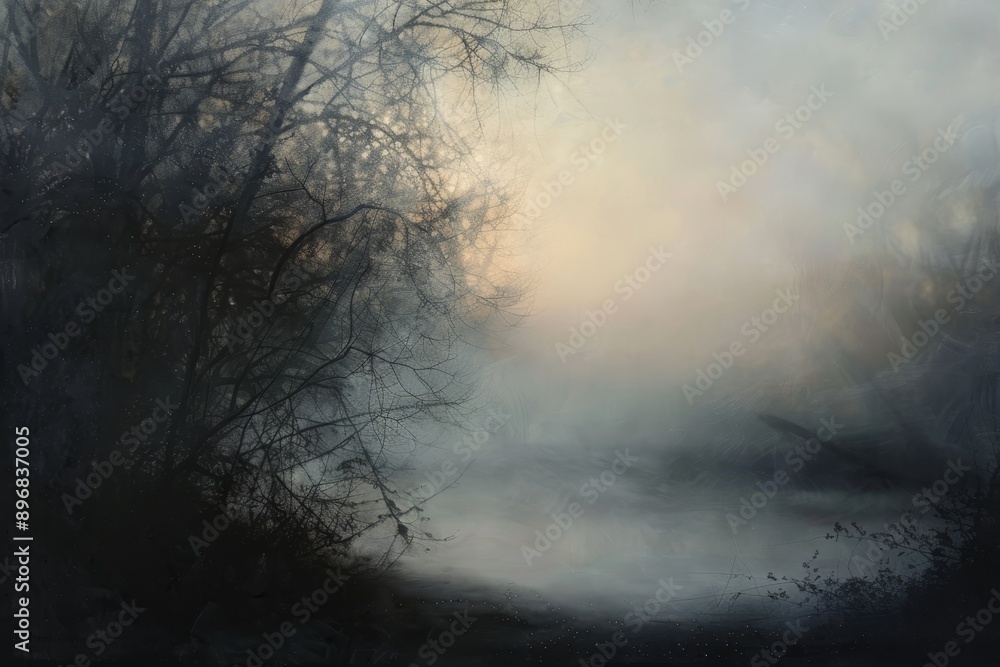 Poster a painting featuring a misty river with trees in the background during dawn, ethereal mist diffusing