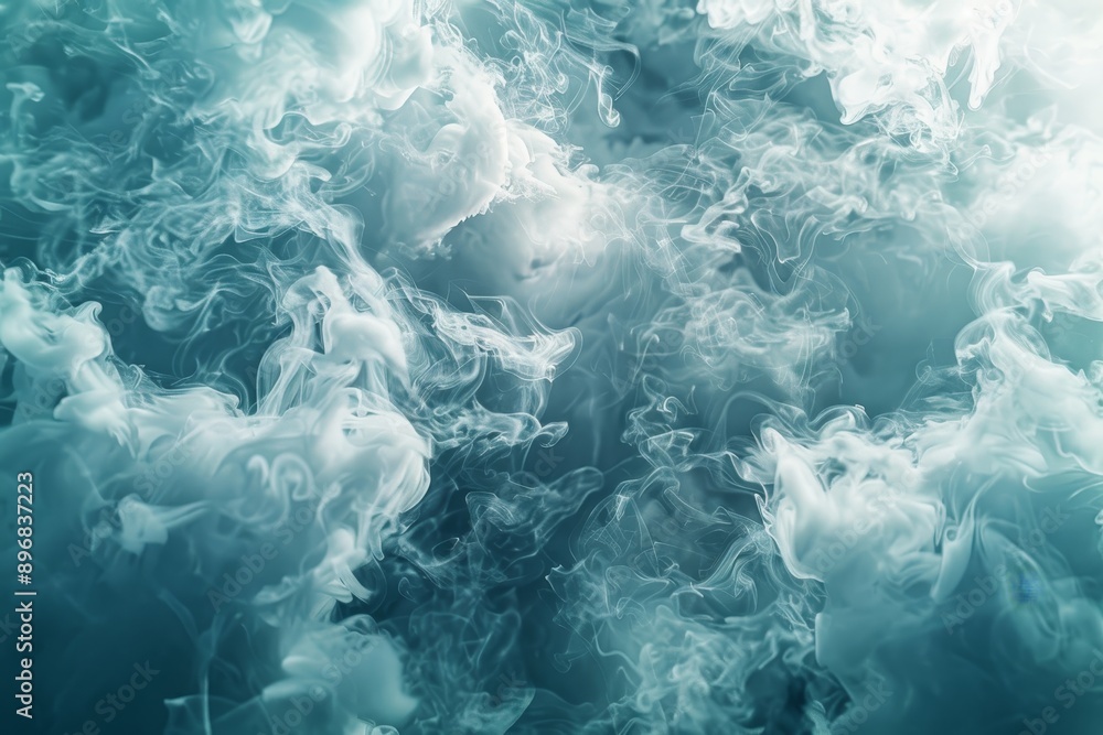 Poster blue ocean waves with white smoke floating above, creating an ethereal and mesmerizing scene, ethere