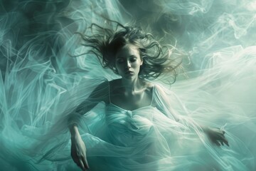 A woman wearing a blue dress is airborne, floating gracefully, Ethereal music floating through the air