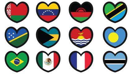 Heart shaped national flags set vector illustration design. country flags collection.