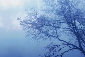 A leafless tree standing in thick fog, shrouded in misty blue hues, Ethereal wisps of misty blue enveloping the scene