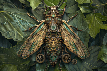 Mechanical steampunk cicada in style of art nouveau.