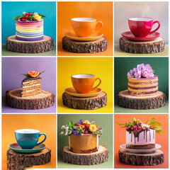 set of tea and cakes with collage image