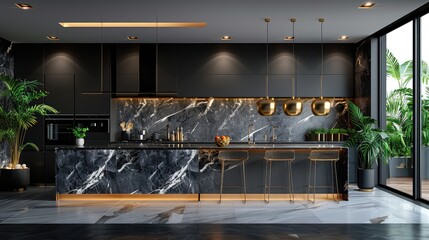 Modern Black and Gold Kitchen with Marble Backsplash and Bar Stools