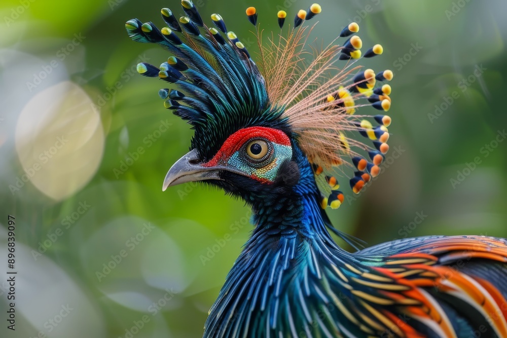 Poster a pheasant displaying bright and colorful feathers in a striking display, exotic birds with brightly