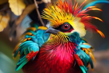 A vibrant bird with colorful feathers perched on a branch, Exotic birds with brightly colored feathers