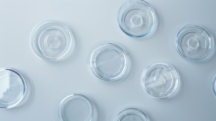 Petri dishes arranged flat on light grey backdrop room for text