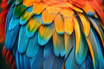 Obraz premium Detailed view of the bright and colorful feathers of a parrot in a close-up shot, Exotic birds with brightly colored feathers