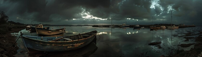 Stormy Night Drama at Small Harbor - Dark, Moody Seascape with Boats, Reflections, and High Resolution Quality
