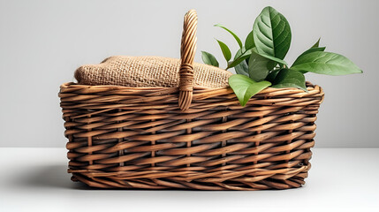 Obraz premium A towel and a plant arranged in a wicker basket.