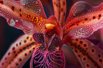 Naklejka na ściany i meble Detailed view of an exotic orchid flower, showcasing its unique patterns and vibrant colors, Exotic orchids with mesmerizing patterns and unique shapes