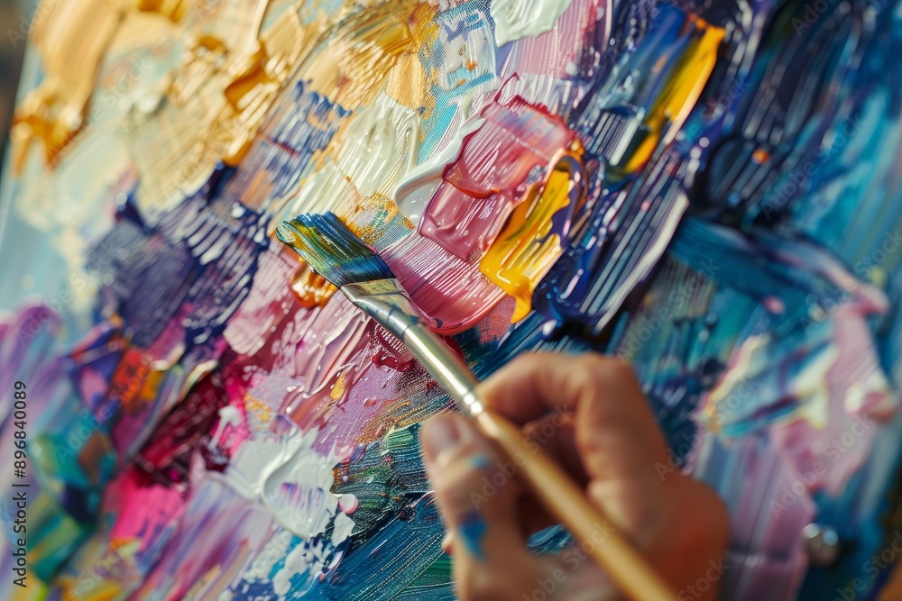 Aufkleber an artist is painting on a canvas using a brush and easel, experiment with applying a series of shor