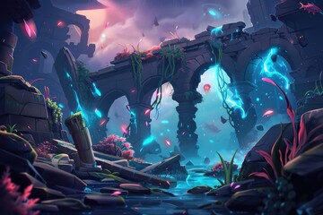 Mystical Ruins with Glowing Water and Floating Creatures