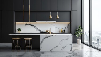 Modern Kitchen with Marble Countertops and Gold Accents