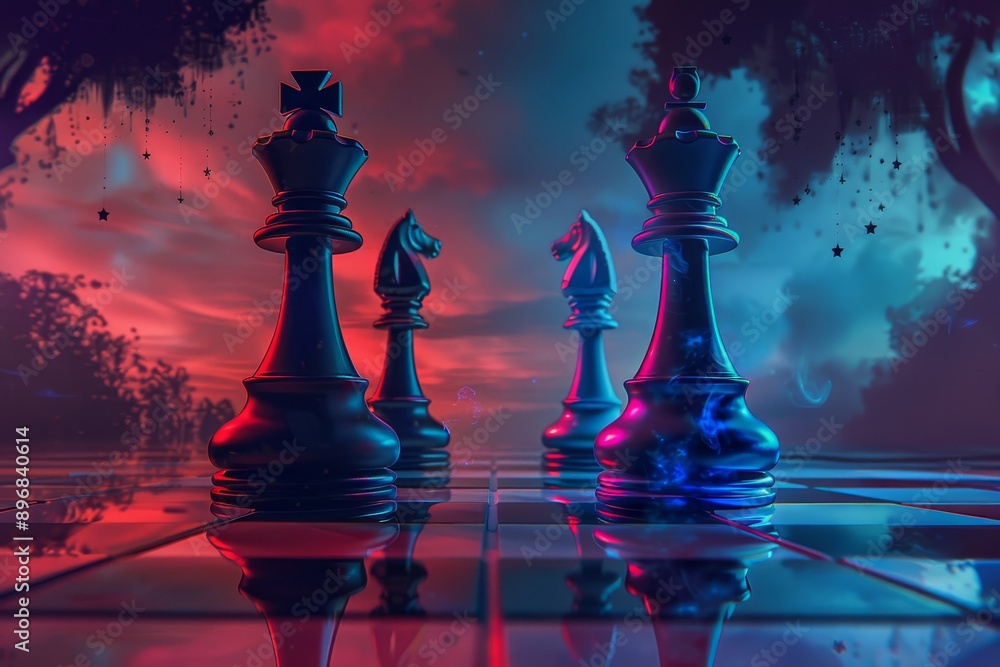 Poster various chess pieces placed on a chess board with vibrant background colors, experiment with contras