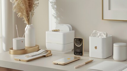  Elegant Modern Desk Setup, and Background White. AI-Generated image 
