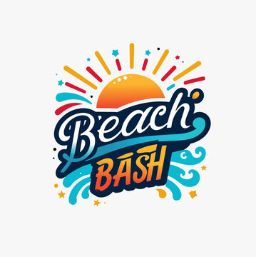 "Vibrant and festive logo for a 'Beach Bash' event, featuring a colorful sunset and dynamic wave elements. Perfect for summer parties, beach festivals, and tropical celebrations."