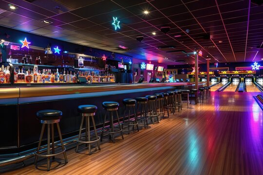 Bar and Bowling Lanes in a Neon-Lit Entertainment Venue