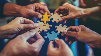 Hands holding puzzle pieces with blank space, teamwork and problemsolving concept