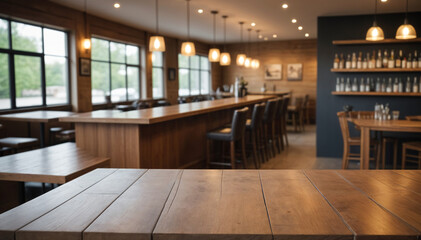 Empty beautiful wood table  top counter  and blur bokeh modern kitchen interior background