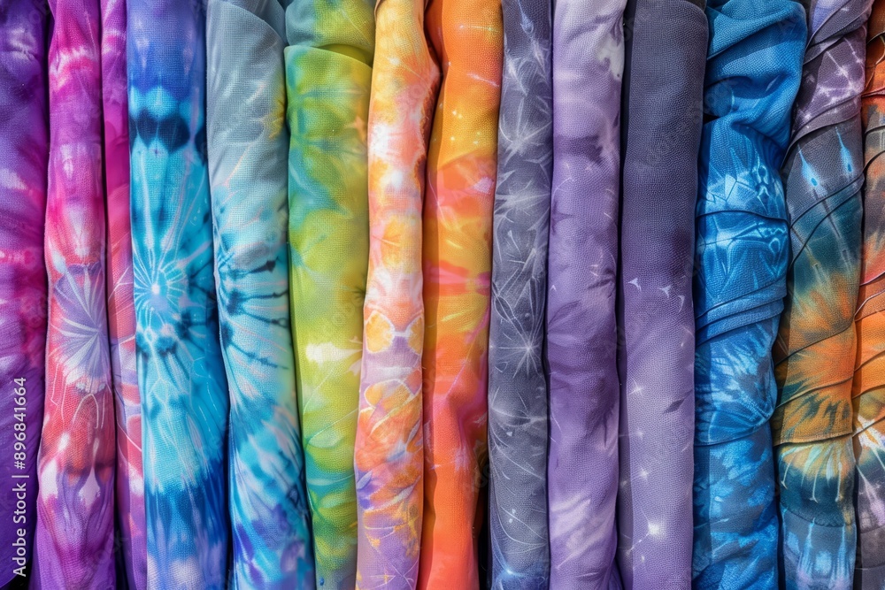 Poster collection of vibrant tie-dye shirts lined up in a row, showcasing a variety of colors and patterns,