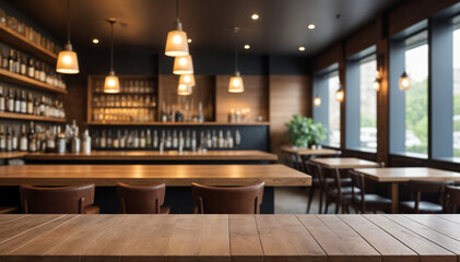 Empty beautiful wood table  top counter  and blur bokeh modern kitchen interior background