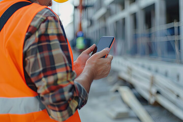 Construction worker in orange reflective vest using smartphone at unfinished building site