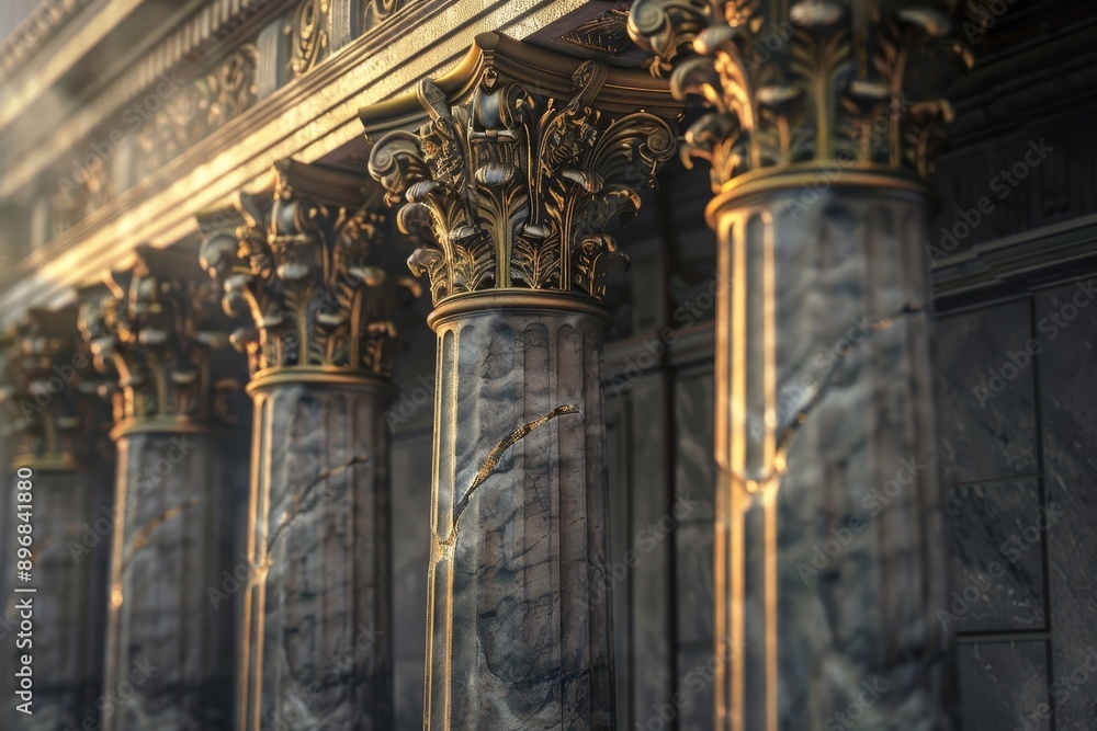 Poster a row of marble columns standing in front of a majestic building, highlighting architectural beauty,