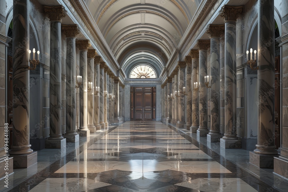 Poster a hallway with tall columns and gleaming marble flooring, experiment with different textures and pat