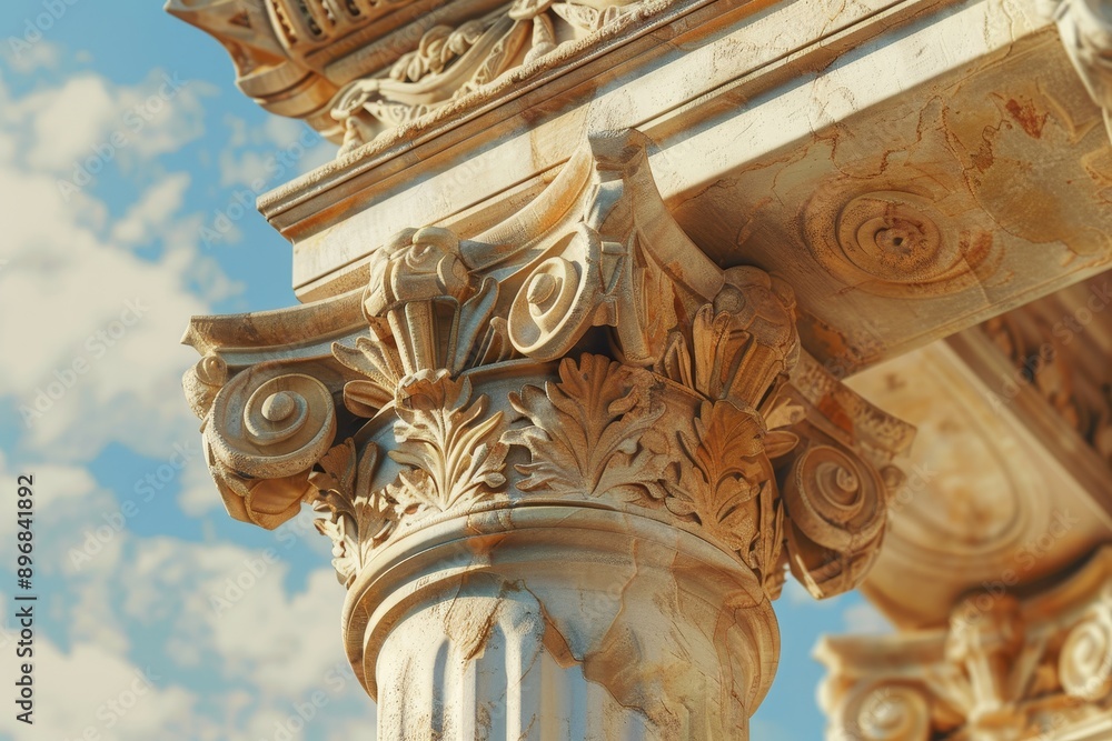 Poster close-up view of an ornate column under a cloudy sky, showcasing intricate details and textures, exp