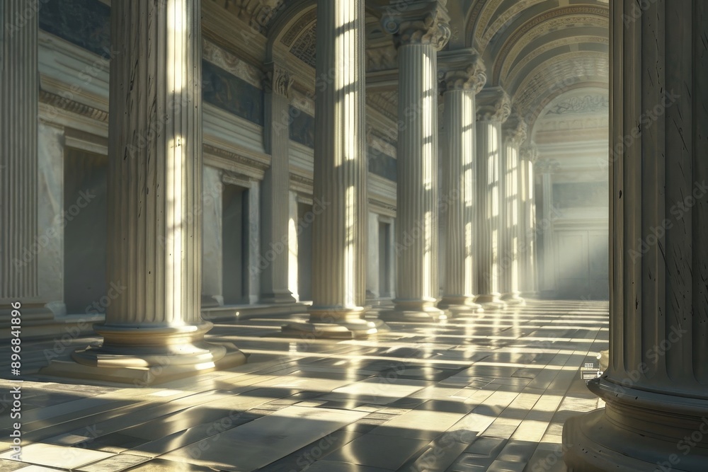 Poster sunlight shines through tall columns, casting shadows and creating a play of light in a room, experi